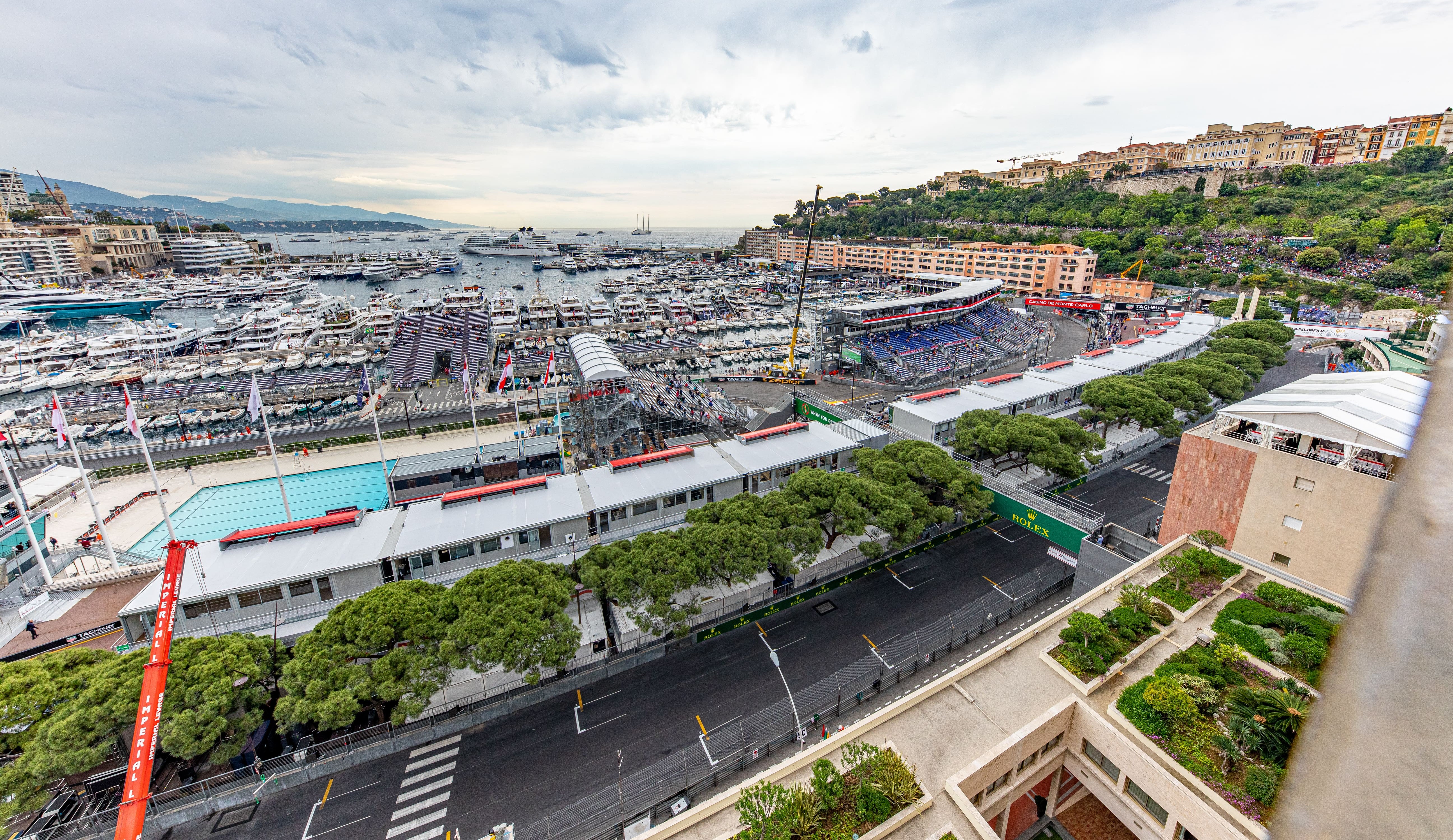 Panoramic view of Monaco harbour and track from Shangri-La Apartment